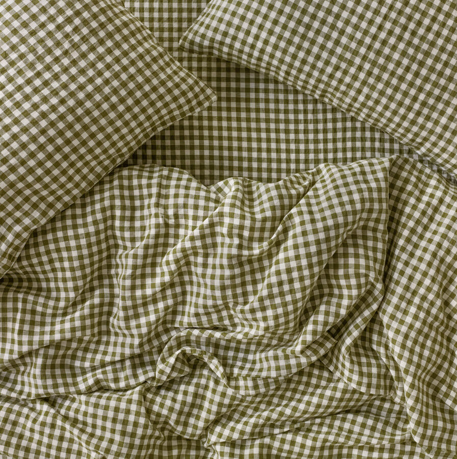 Botanical Green Gingham Linen Blend Duvet Cover