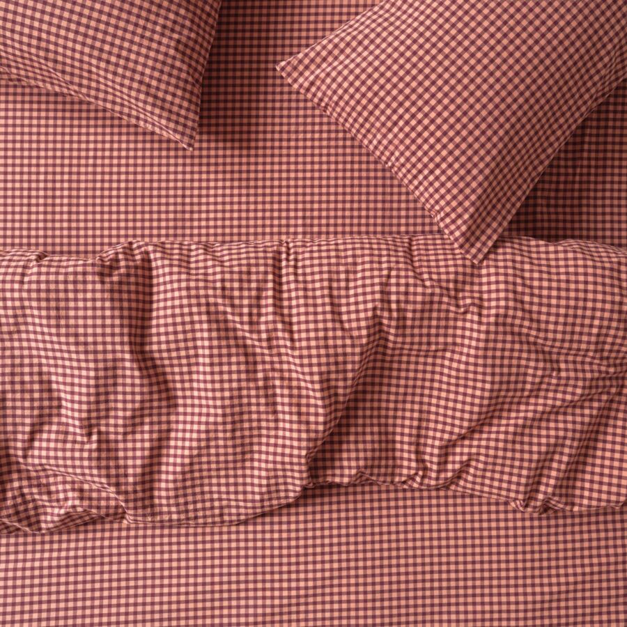 Fig & Blush Pink Gingham Washed Cotton Percale Duvet Cover