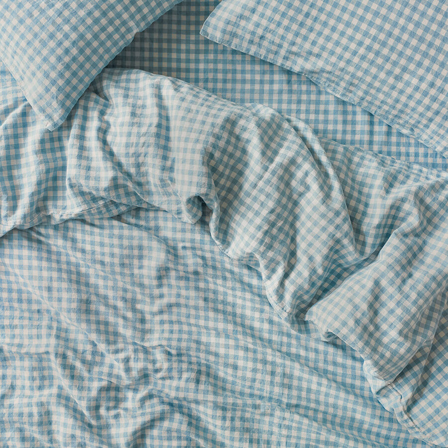 Warm Blue Gingham Linen Blend Duvet Cover