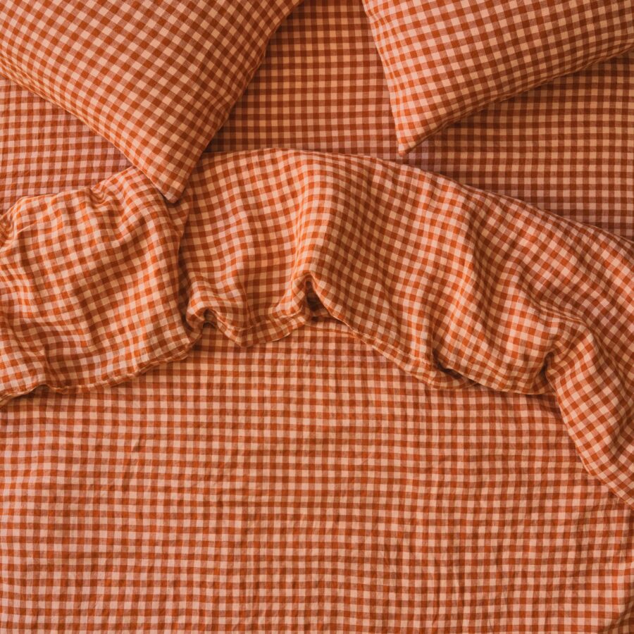 Cinnamon & Peach Colour Drenched Gingham Linen Blend Duvet Cover