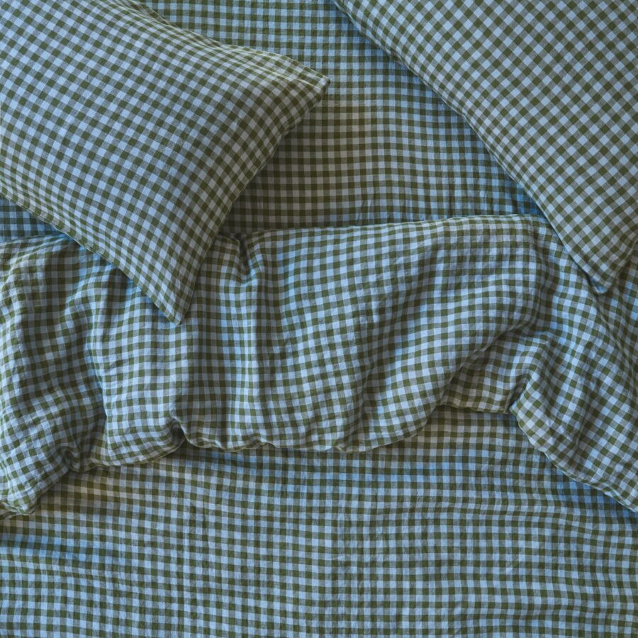 Fern Green & Dusk Blue Colour Drenched Gingham Linen Blend Duvet Cover