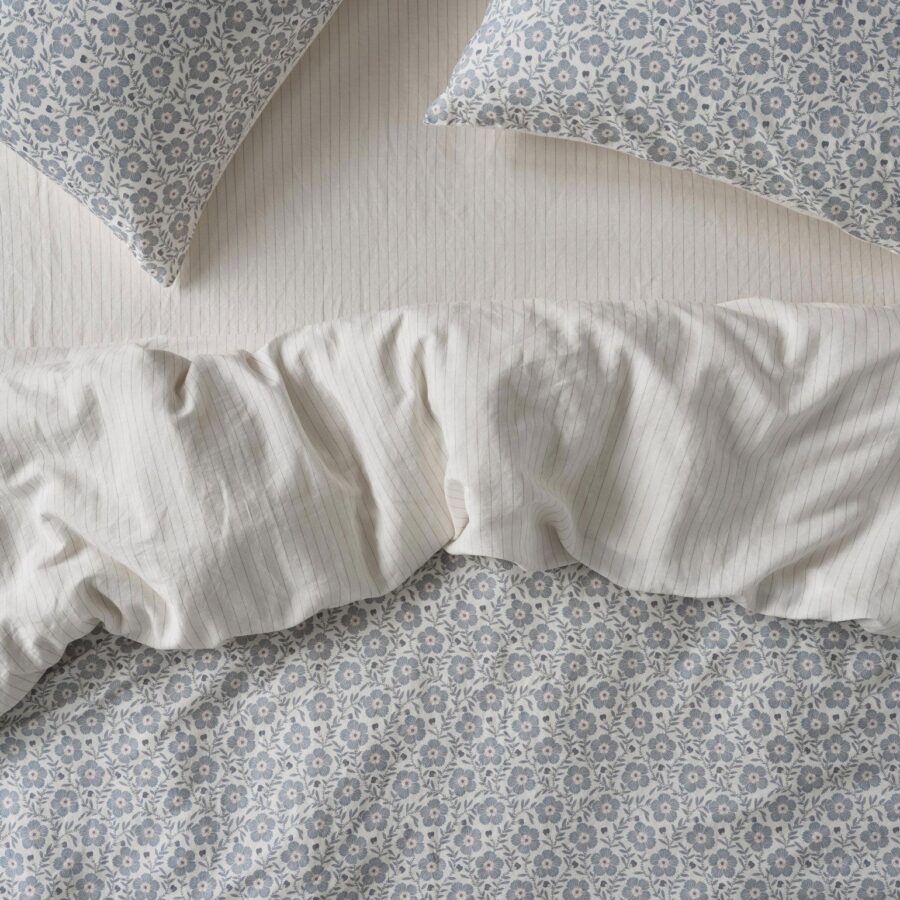 Dusk Blue Folk Floral Linen Blend Duvet Cover